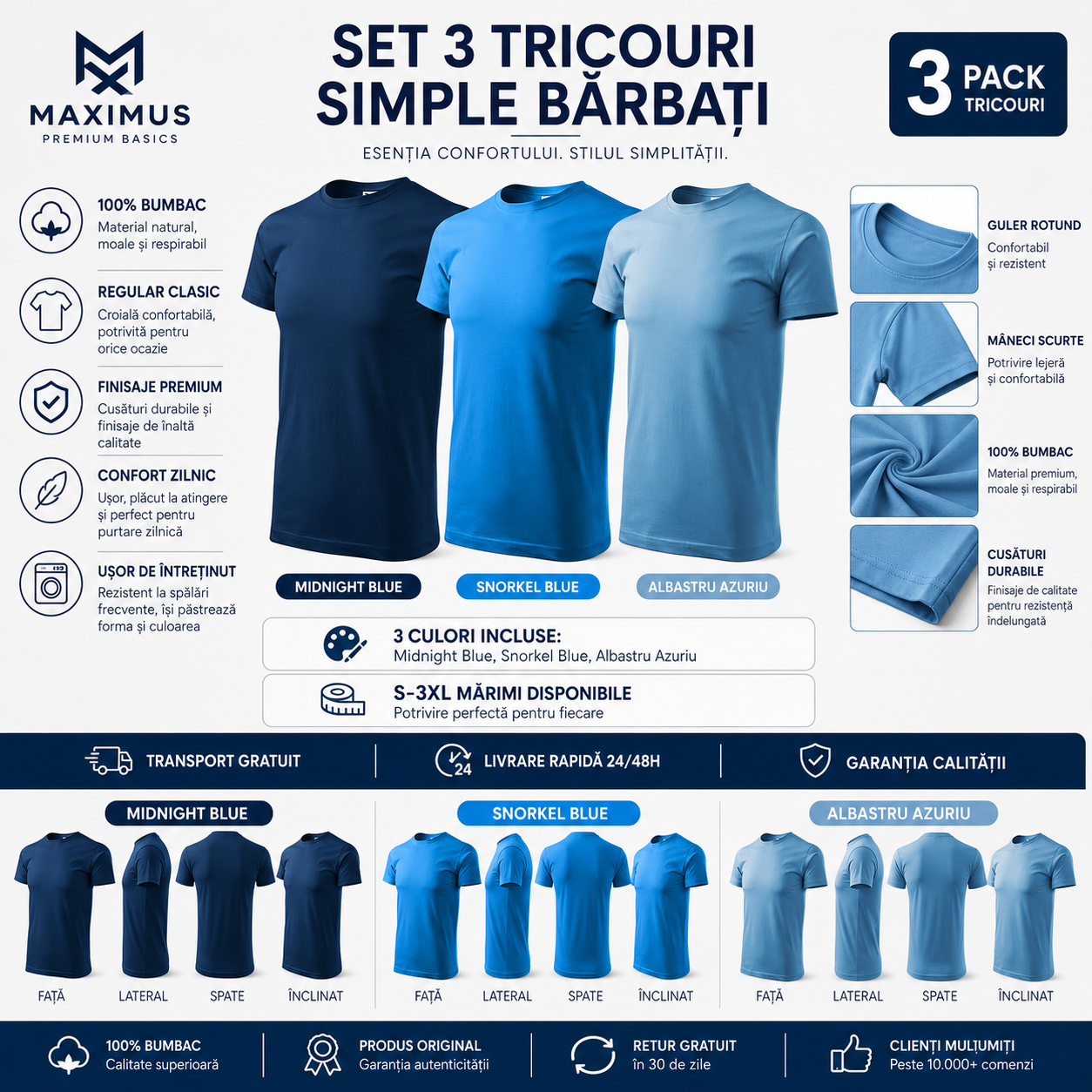 Set 3 tricouri bărbați 100% bumbac regular clasic albastru &icirc;nchis snorkel blue și azuriu S-3XL